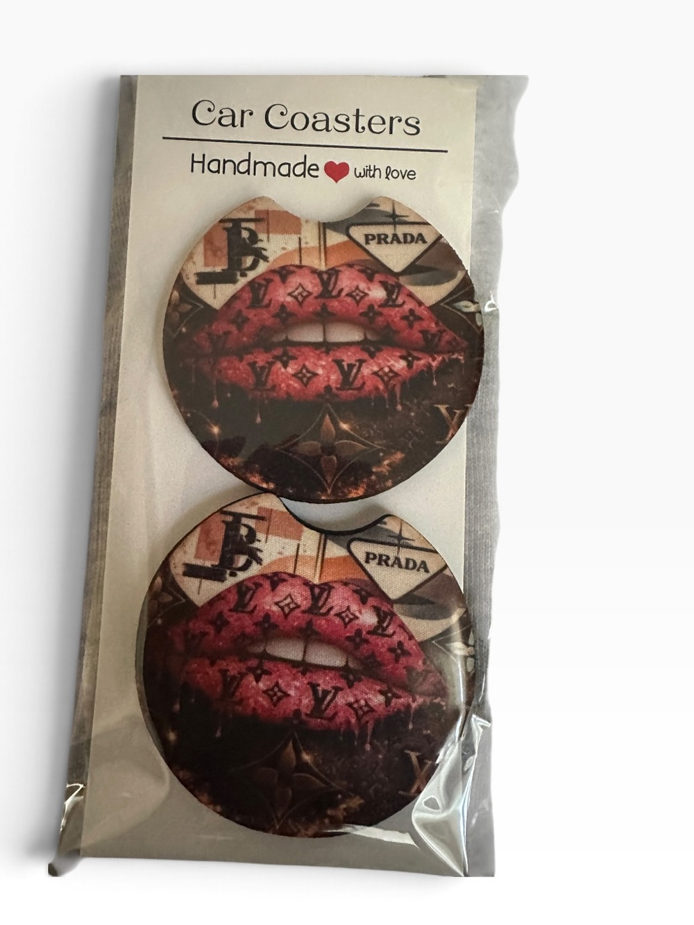 Handmade Key & Card Holder Car Coasters — Pink Lip Print Design